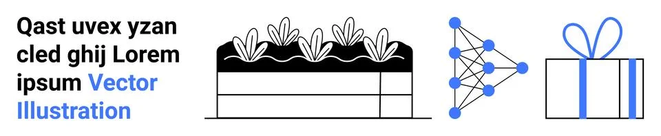 Black plants growing in rectangular pot, neural network diagram, gift box, bl Ilustración de archivo