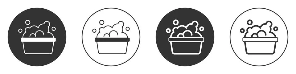 Black Plastic basin with soap suds icon isolated on white background. Bowl .. Stock Illustration