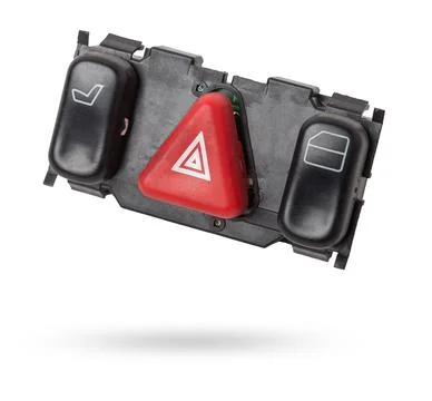 Black plastic block of car control panel with red emergency stop button for.. Stock Photos