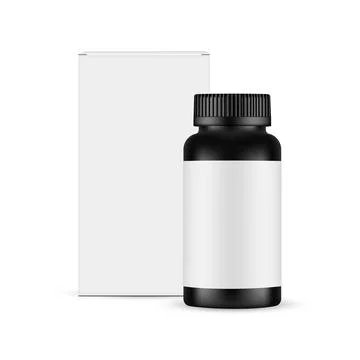 Black Plastic Bottle for Pills or Supplements, Paper Box Stock Illustration