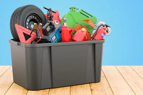 Black plastic box full of car tools, equipment and accessories on the woode.. Stockillustratie