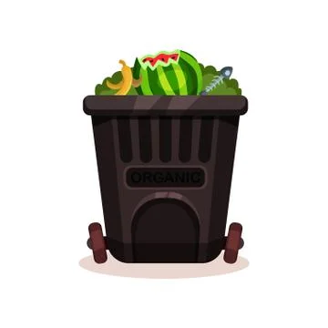 Black plastic container for organic waste. Peel of banana, watermelon and fish Illustrazione stock