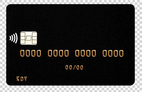 Black plastic credit card template with gold embossed numbers and contactle.. Stock Illustration