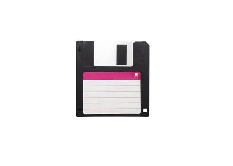 Black plastic floppy disk isolated on white background. Retro technology, c.. Stock Photos