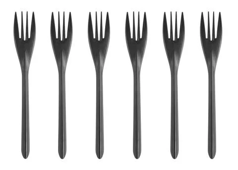 Black plastic fork isolated on white background. Disposable tableware set iso Stock-Fotos
