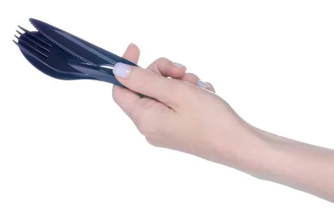 Black plastic fork, knife, spoon in hand Stock Photos