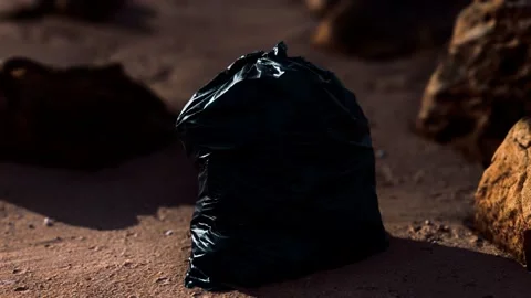 Black plastic garbage bags full of trash on the beach Stock Footage 150469741