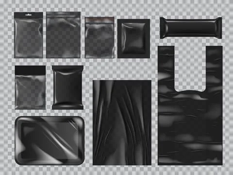 Black plastic packets, realistic packages mockup Stock Illustration