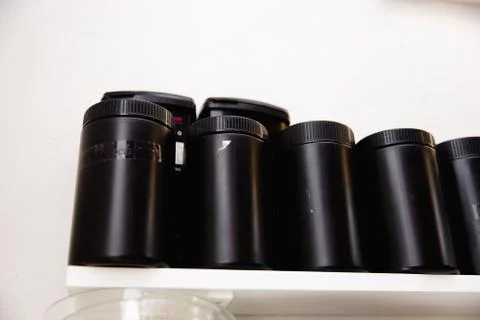 Black plastic spices cans - Kitchen Still Life Table Ware Tray Other Different Stock Photos