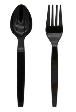 Black plastic spoon and fork isolated on white background Stock Photos