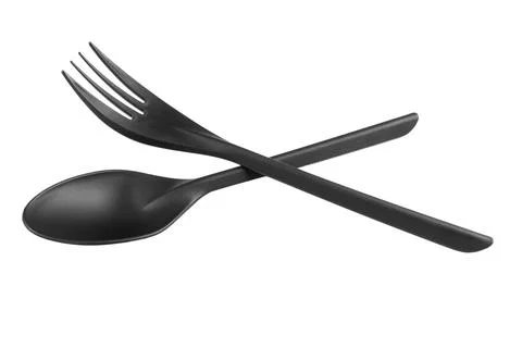 Black plastic spoon and fork isolated on white background. Disposable table.. Stock Photos