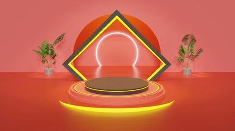 Black Podium 3D with light box and red background with wall for display produ Stock Illustration