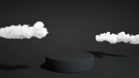 Black podium with cloud on dark background. Product display stand. Insert y.. Stock Photos