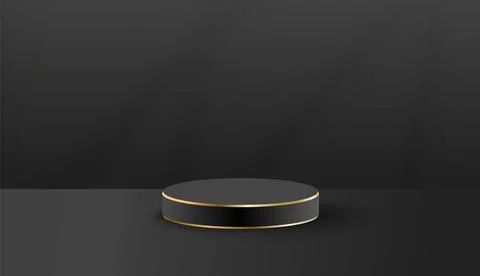 Black podium with golden elements on dark background. Realistic 3D scene for 스톡 일러스트