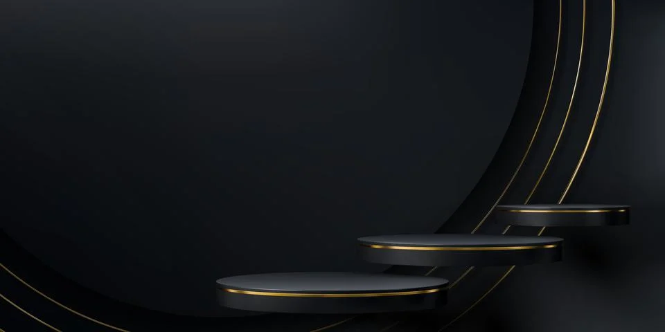 Black podium with golden frames, floating pedestal Stock Illustration