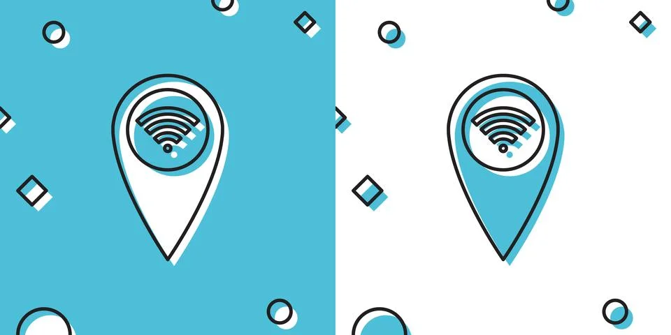 Black Pointer map with wifi internet signal connection icon isolated on blue and Illustrazione stock