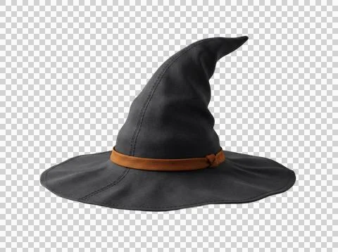 Black pointy witch hat with brown ribbon isolated on transparent background.. Stock Photos