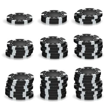 Black Poker Chips Stacks Vector. Realistic Set. Plastic Round Poker Gambling Illustration