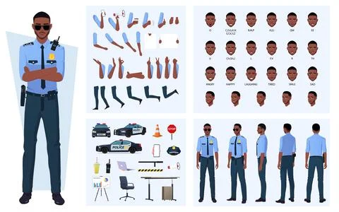 Black Policeman Character Constructor with Lip Sync, Emotions, Character Stock Illustration