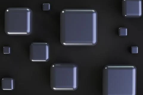 Black polished cubes in various sizes. Top view. Abstract backdrop. Stock Illustration