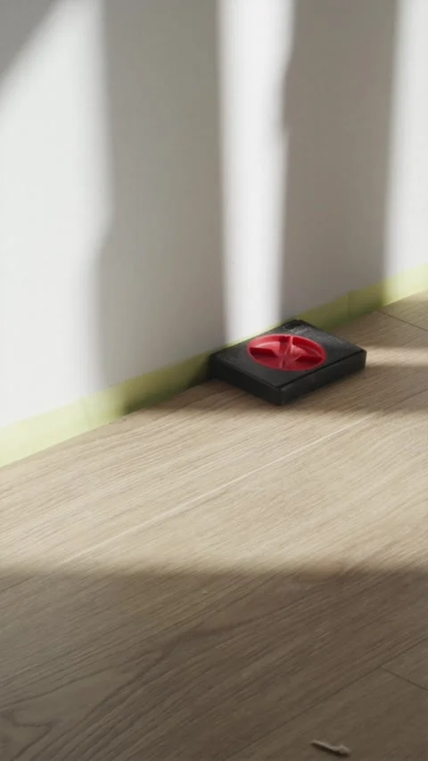 Black positioning spacer securing laminate panel over underlayment Stock-Footage 346396625