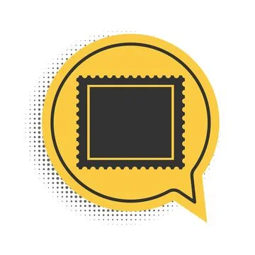 Black Postal stamp icon isolated on white background. Yellow speech bubble Illustrazione stock