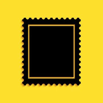 Black Postal stamp icon isolated on yellow background. Long shadow style. Vector Illustrazione stock