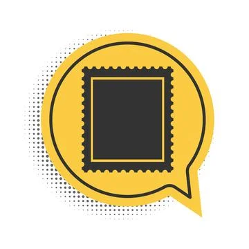 Black Postal stamp icon isolated on white background. Yellow speech bubble Illustrazione stock