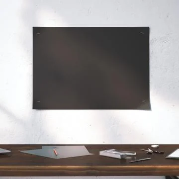 Black poster on the wall. Table with stapler. 3d rendering 스톡 일러스트