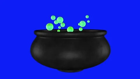 Black pot with green potion, bubbling and bubbles flying out. Stock Footage 288975416