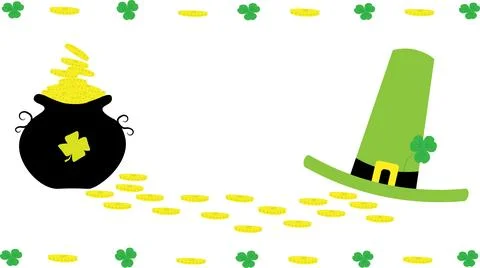 A black pot with handles and a leaf of clover is filled with yellow coins, .. Stock Illustration