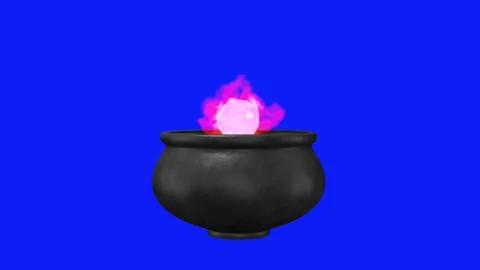 Black pot with zs red magic smoke. 3D animation for Halloween on blue screen. Stock Footage 288975421