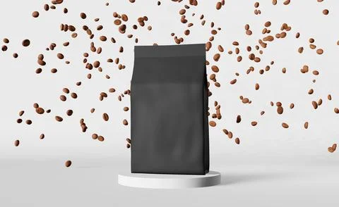 Black pouch bag falling coffee beans podium 3D rendering. Merchandise disco.. Stock Illustration
