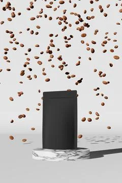 Black pouch bag mockup falling coffee beans marble podium white background ha Stock Illustration