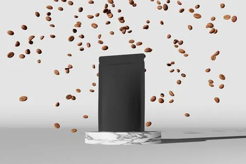 Black pouch bag mockup falling coffee beans marble podium white background ha Stock Illustration