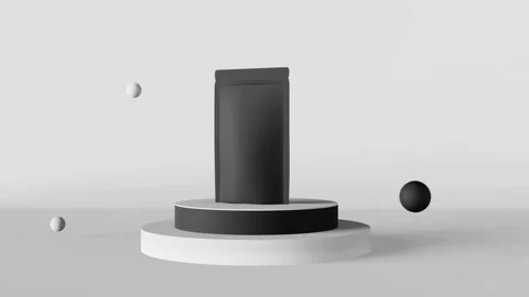 Black pouch bag podium white background design bubbles 3D loop animation Stock Footage 201162657
