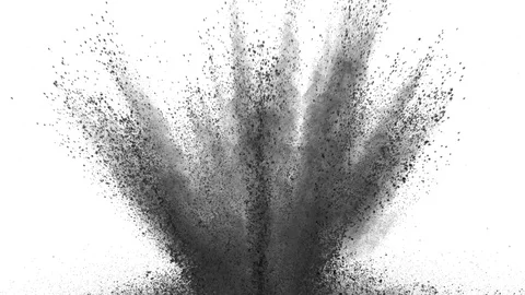Black powder exploding on white background in super slow motion, shot with Stock Footage 84300181