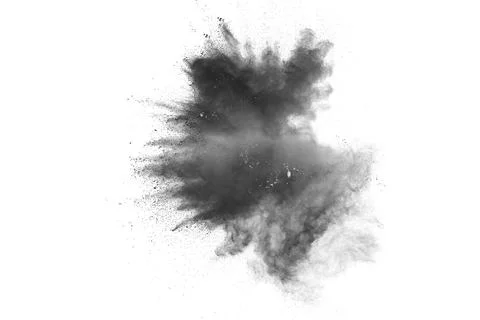 Black powder explosion. The particles of charcoal splatter on white backgro.. Stock-Fotos