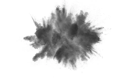 Black powder explosion. The particles of charcoal splatter on white backgro.. Stock-Fotos