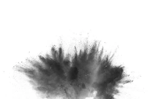 Black powder explosion. The particles of charcoal splatter on white backgro.. Stock-Fotos