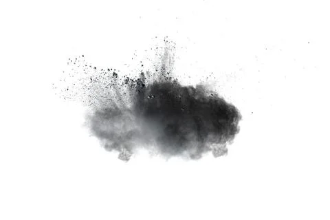 Black powder explosion on white background. Abstract black dust splattered. Stock Photos