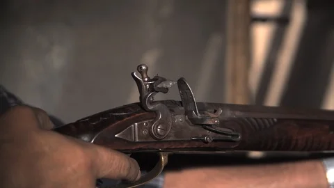Black powder front loader pistol. Lancaster.Ultra slow motion hispeed 2000fps Video stock 93212524