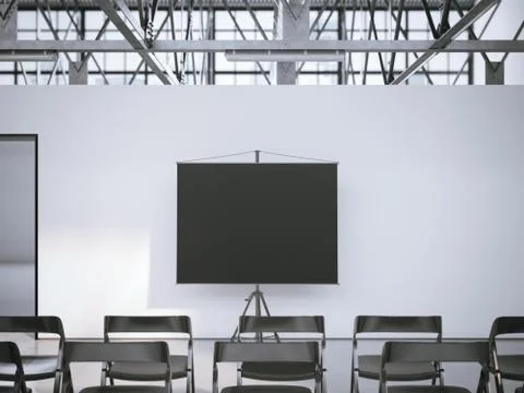 Black presentation roller screen in conference room. 3d rendering Illustrazione stock