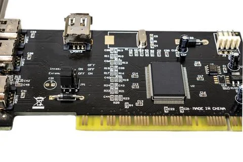Black printed circuit board with microcircuits and radio components electroni Stock Photos