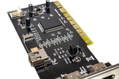 Black printed circuit board with microcircuits and radio components electroni Stock Photos