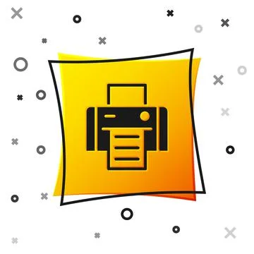 Black Printer icon isolated on white background. Yellow square button. Vector 스톡 일러스트