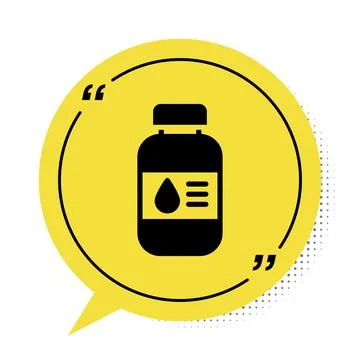 Black Printer ink bottle icon isolated on white background. Yellow speech bubble 스톡 일러스트