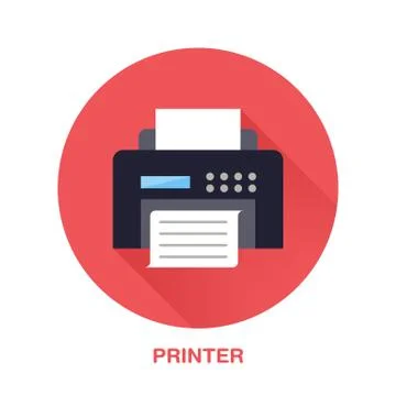 Black printer with paper page flat style icon. Wireless technology, office Illustrazione stock