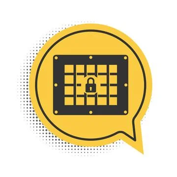 Black Prison window icon isolated on white background. Yellow speech bubble Ilustración de archivo