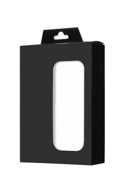 Black product package box with window isolated Stock Photos